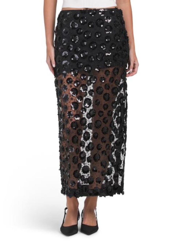 English Factory Flower Sequin Sheer Midi Skirt